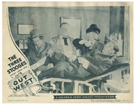 Complete Set of 4 Lobby Cards for the 1947 Three Stooges Film ''Out West'' -- Each Measures 14'' x 11'' -- Mild Toning, Creasing & Wear, With Some Moisture Exposure to Tops; Very Good Condition